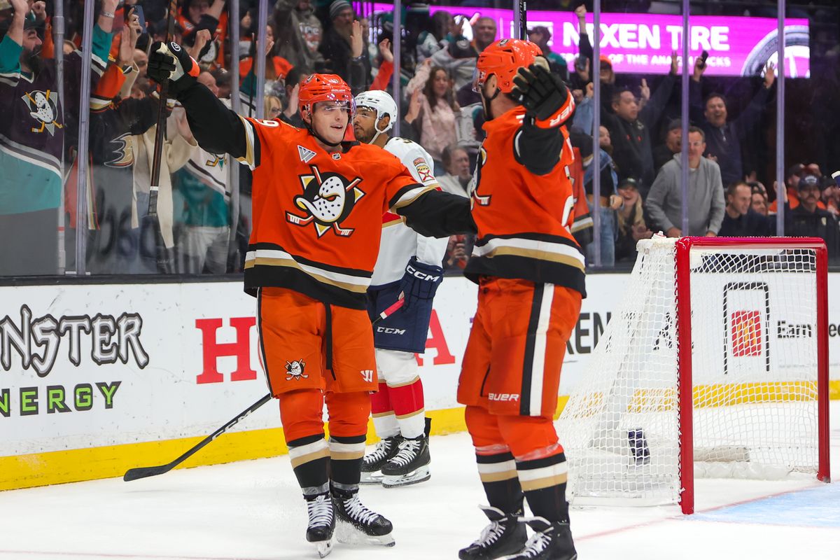 #19 RW Troy Terry and #20 LW Chris Kreider of the Anaheim Ducks celebrate a goal during an NHL game against the Florida Panthers on November 4, 2025 in Anaheim, CA.