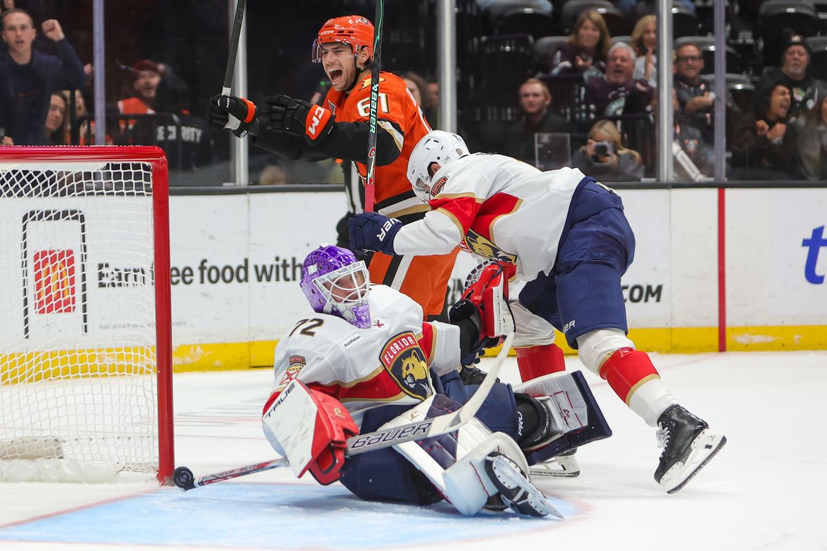 A goal gets past #72 G Sergei Bobrovsky of the Florida Panthers # of the Florida Panthers during an NHL game against the Anaheim Ducks on November 4, 2025 in Anaheim, CA. 
