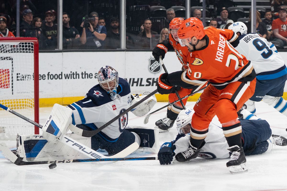 Anaheim Ducks Left Wing Chris Kreider (20) shoots the puck at the goal during an NHL hockey game against the Winnipeg Jets, Sunday November 9, 2025 in Anaheim, Calif.
