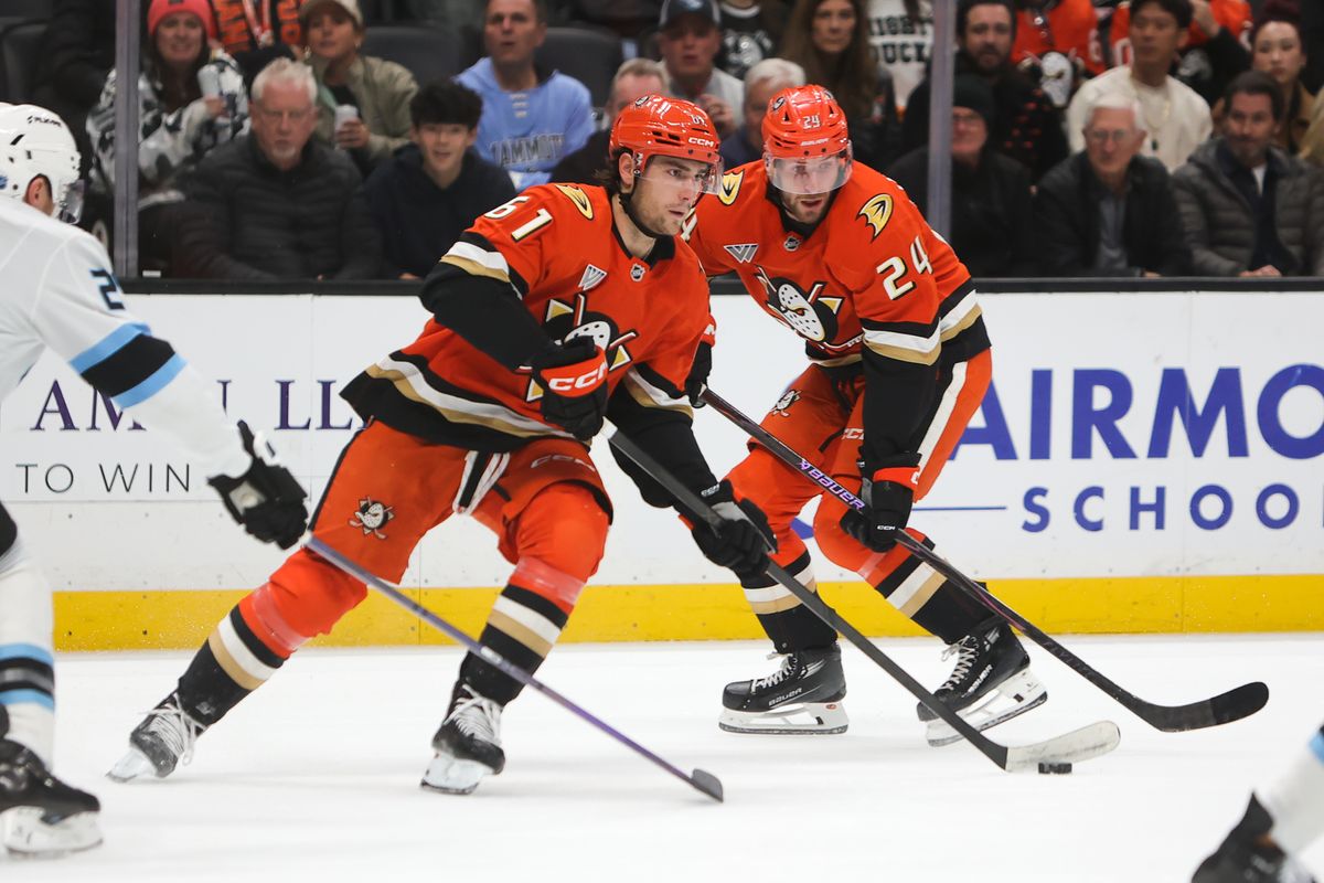#61 LW Cutter Gauthier of the Anaheim Ducks skates with the puck during an NHL game against the Utah Mammoth on November 17, 2025 in Anaheim, Calif.