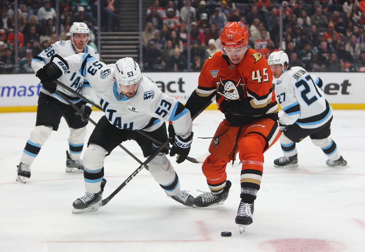 #45 RW Beckett Sennecke of the Anaheim Ducks battles for possession of the puck during an NHL game against the Utah Mammoth on November 17, 2025 in Anaheim, Calif.