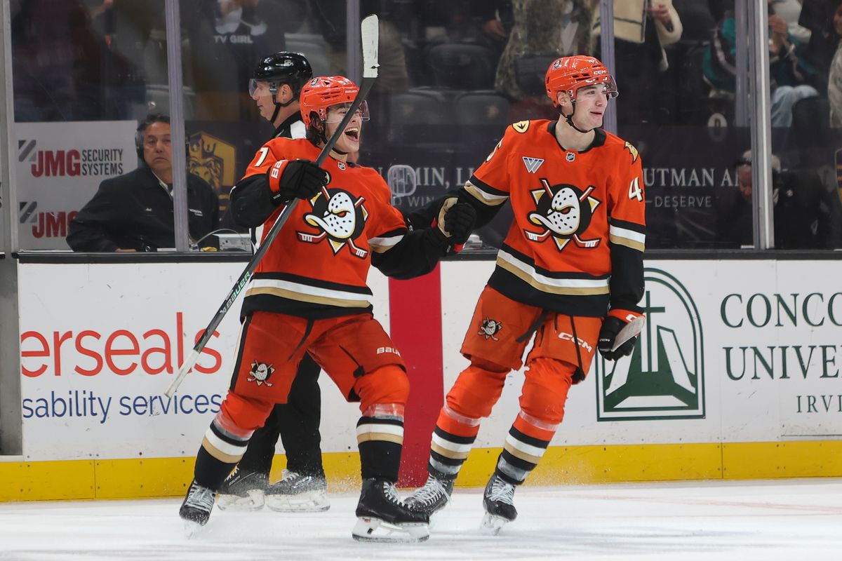#51 D Ollen Zellweger and #45 RW Beckett Sennecke of the Anaheim Ducks celebrate a game winning goal in overtime during an NHL game against the Utah Mammoth on November 17, 2025 in Anaheim, Calif.
