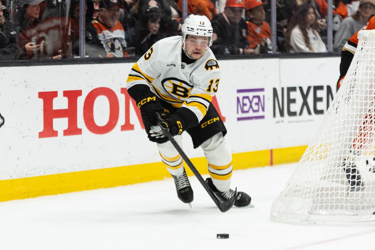 Boston Bruins R Matej Blümel (13) skates with the puck during an NHL game against the Anaheim Ducks on November 19, 2025 in Anaheim, Calif.