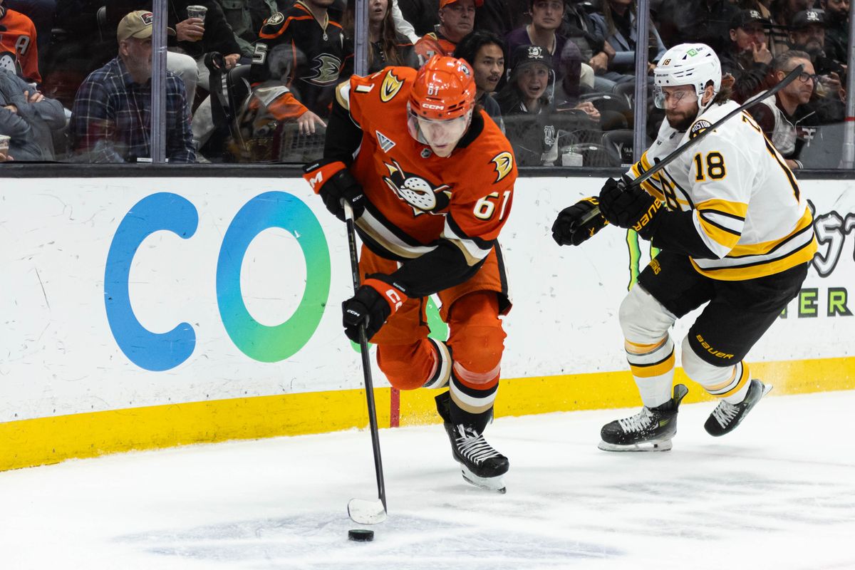 Anaheim Ducks L Cutter Gauthier (61) defends the puck during an NHL game against the Boston Bruins on November 19, 2025 in Anaheim, Calif.