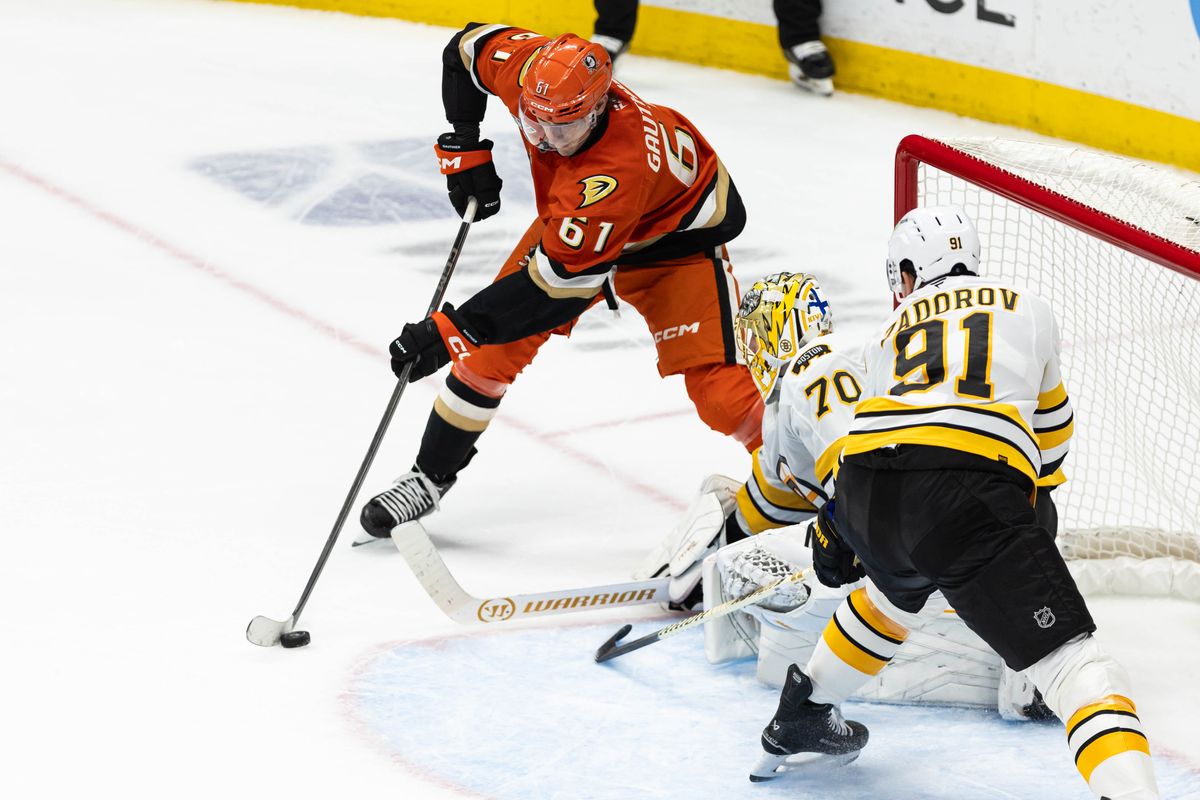 Anaheim Ducks L Cutter Gauthier (61) attempts to shoot the puck during an NHL game against the Boston Bruins on November 19, 2025 in Anaheim, Calif.