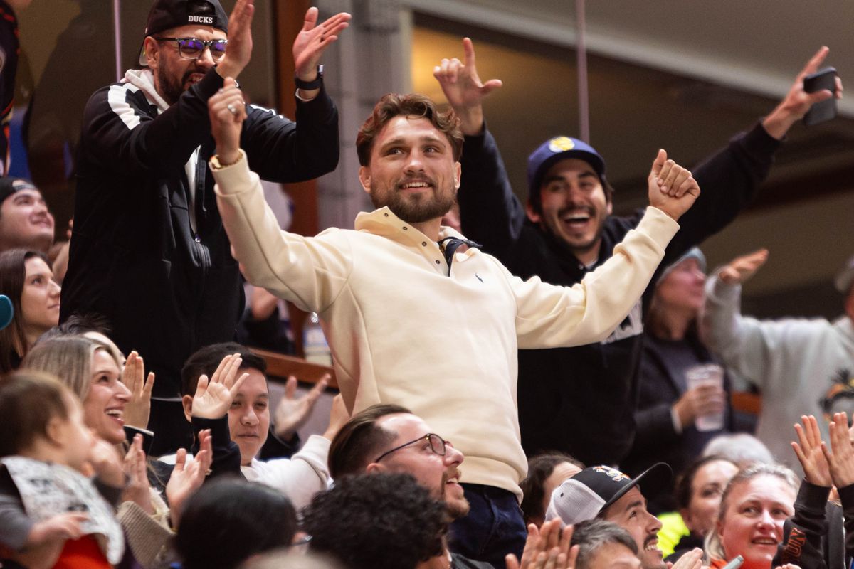 UFC Fighter Ethyn Ewing makes an appearance during an NHL Anaheim Ducks against the Ottawa Senators game on November 20, 2025 in Anaheim, Calif.