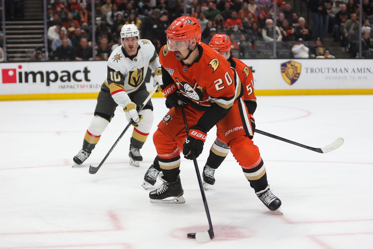 #20 LW Chris Kreider of the Anaheim Ducks skates with the puck during an NHL game against the Las Vegas Golden Knights on November 22, 2025 in Anaheim, Calif.