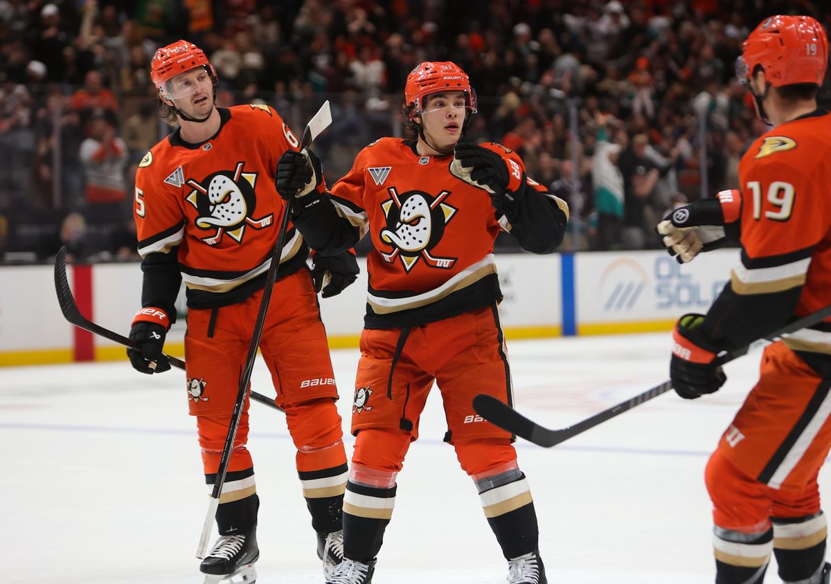 #51 D Ollen Zellweger of the Anaheim Ducks celebrates a goal in the first period during an NHL game against the Las Vegas Golden Knights on November 22, 2025 in Anaheim, Calif.