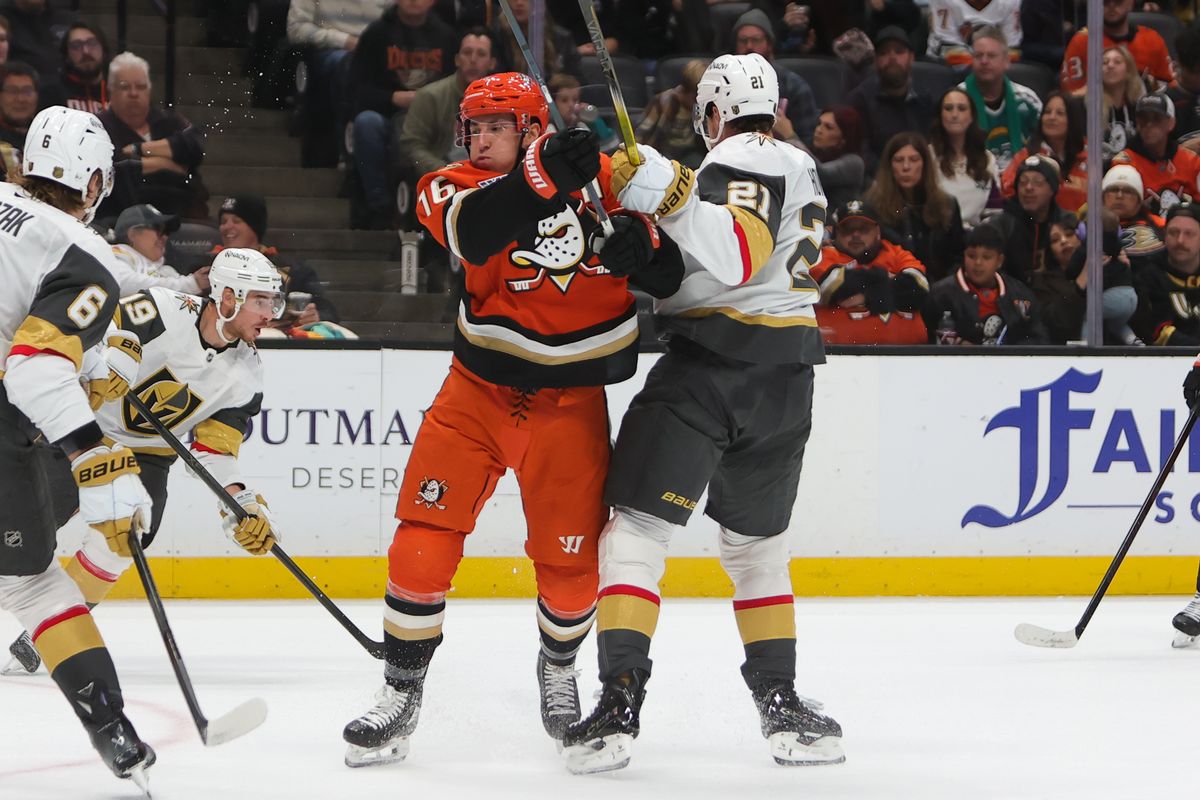 #16 C Ryan Stromes of the Anaheim Ducks collides with #21 C Brett Howden of the Vegas Golden Knights during an NHL game on November 22, 2025 in Anaheim, Calif.