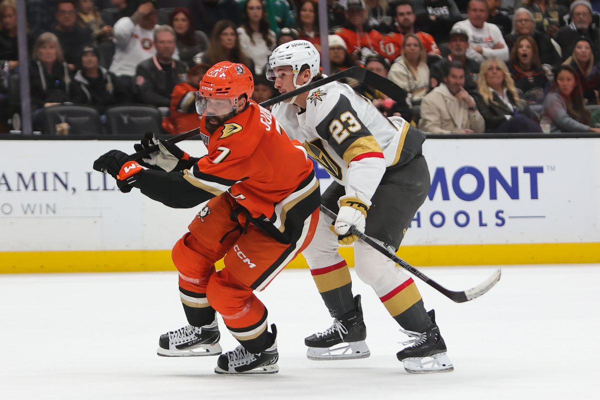 #7 D Radko Gudas of the Anaheim Ducks skates up ice during an NHL game against the Las Vegas Golden Knights on November 22, 2025 in Anaheim, Calif.