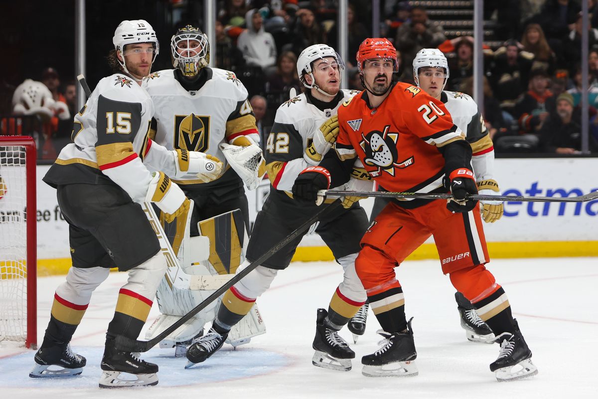 #20 LW Chris Kreider of the Anaheim Ducks battles for position in front of the net during an NHL game against the Las Vegas Golden Knights on November 22, 2025 in Anaheim, Calif.