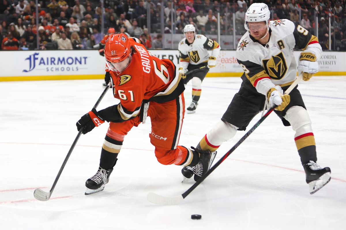 #61 LW Cutter Gauthier of the Anaheim Ducks skates with the puck during an NHL game against the Vegas Golden Knights on November 22, 2025 in Anaheim, Calif.