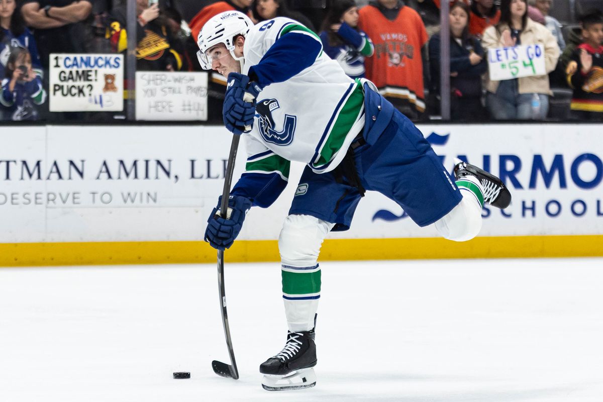 Vancouver Canucks center Linus Karlsson (94) shoots the puck during pregame in an NHL game against the Anaheim Ducks on November 26, 2025 in Anaheim, Calif.