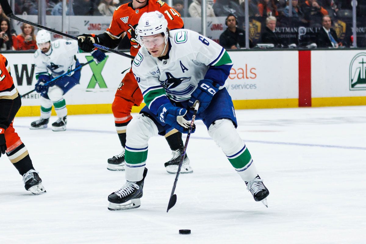 Vancouver Canucks right wing Conor Garland (8) skates up with the puck during an NHL game against the Anaheim Ducks on November 26, 2025 in Anaheim, Calif.
