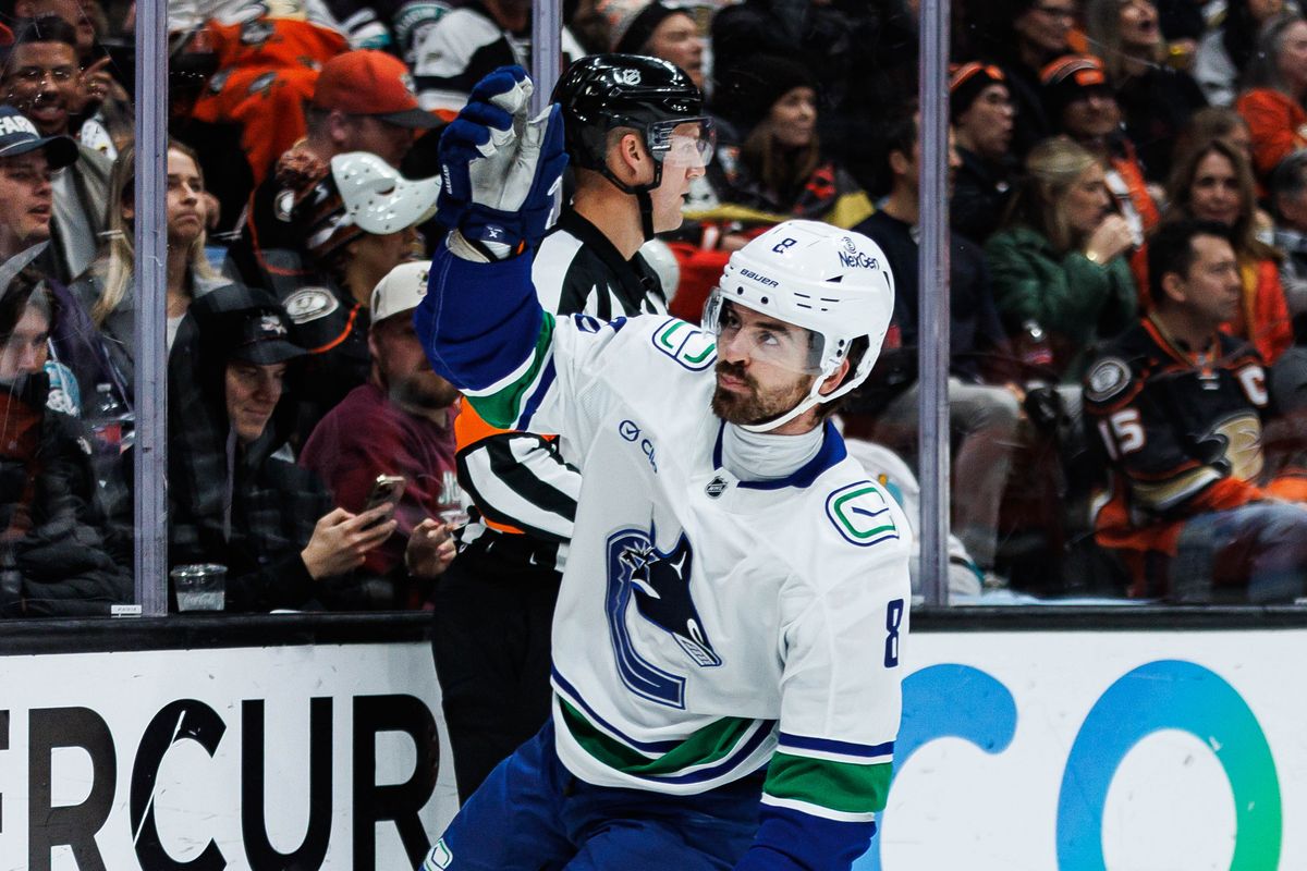 Vancouver Canucks right wing Conor Garland (8) celebrates after scoring a goal during an NHL game against the Anaheim Ducks on November 26, 2025 in Anaheim, Calif.