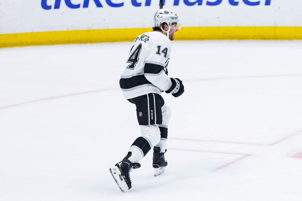 Los Angeles Kings right wing Alex Laferriere (14) celebrates after scoring a goal during an NHL game against the Anaheim Ducks on November 28, 2025 in Anaheim, Calif.