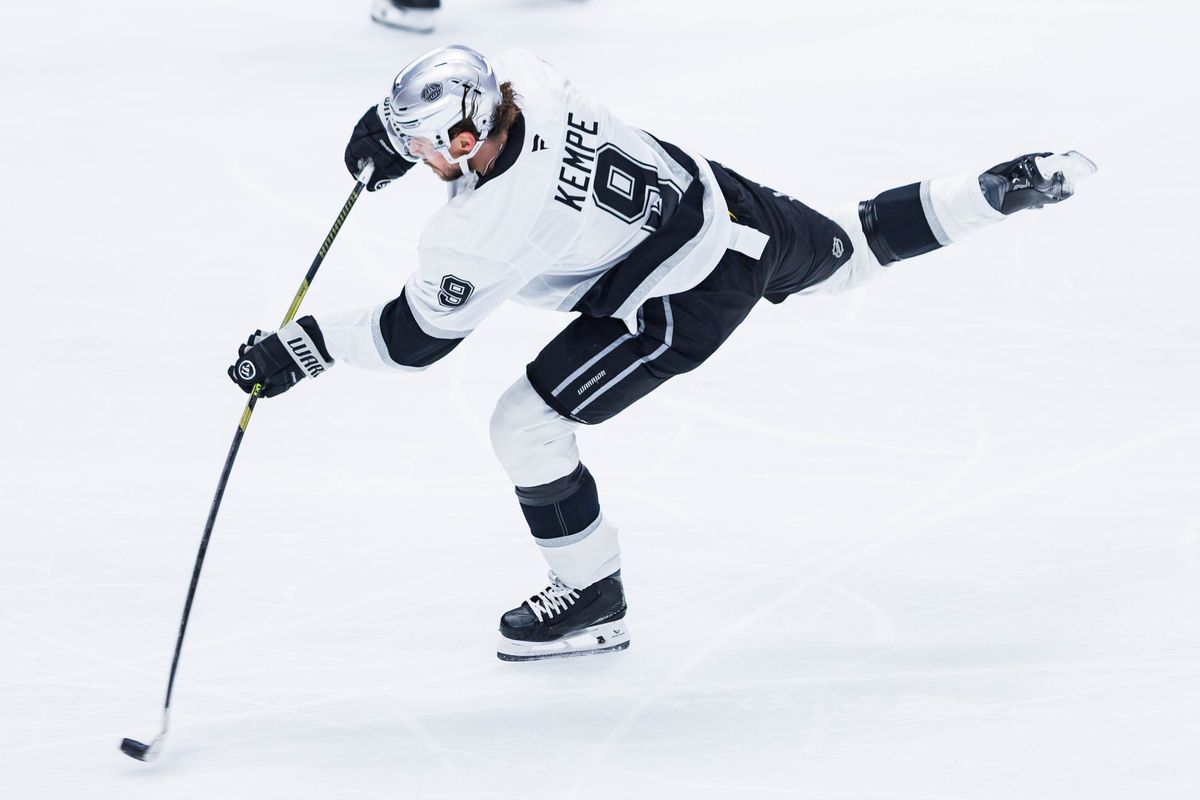 Los Angeles Kings right wing Adrian Kempe (9) shoots the puck during an NHL game against the Anaheim Ducks on November 28, 2025 in Anaheim, Calif.
