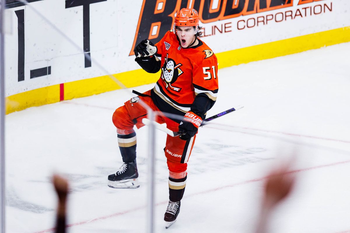 Anaheim Ducks defense Olen Zellweger (51) celebrates after scoring a goal during an NHL game against the Los Angeles Kings on November 28, 2025 in Anaheim, Calif.