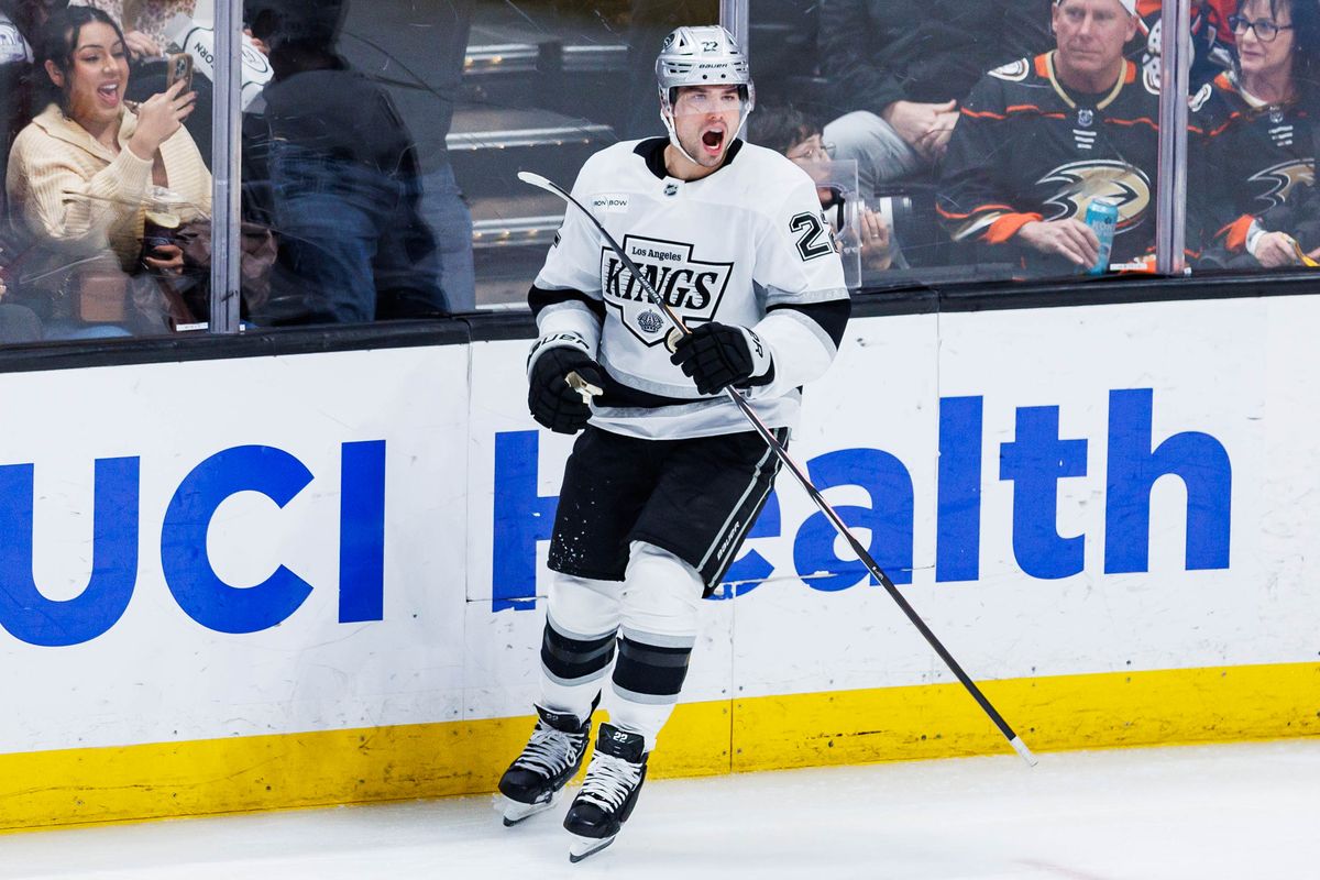 Los Angeles Kings left wing Kevin Fiala (22) celebrates after scoring a goal during an NHL game against the Anaheim Ducks on November 28, 2025 in Anaheim, Calif.