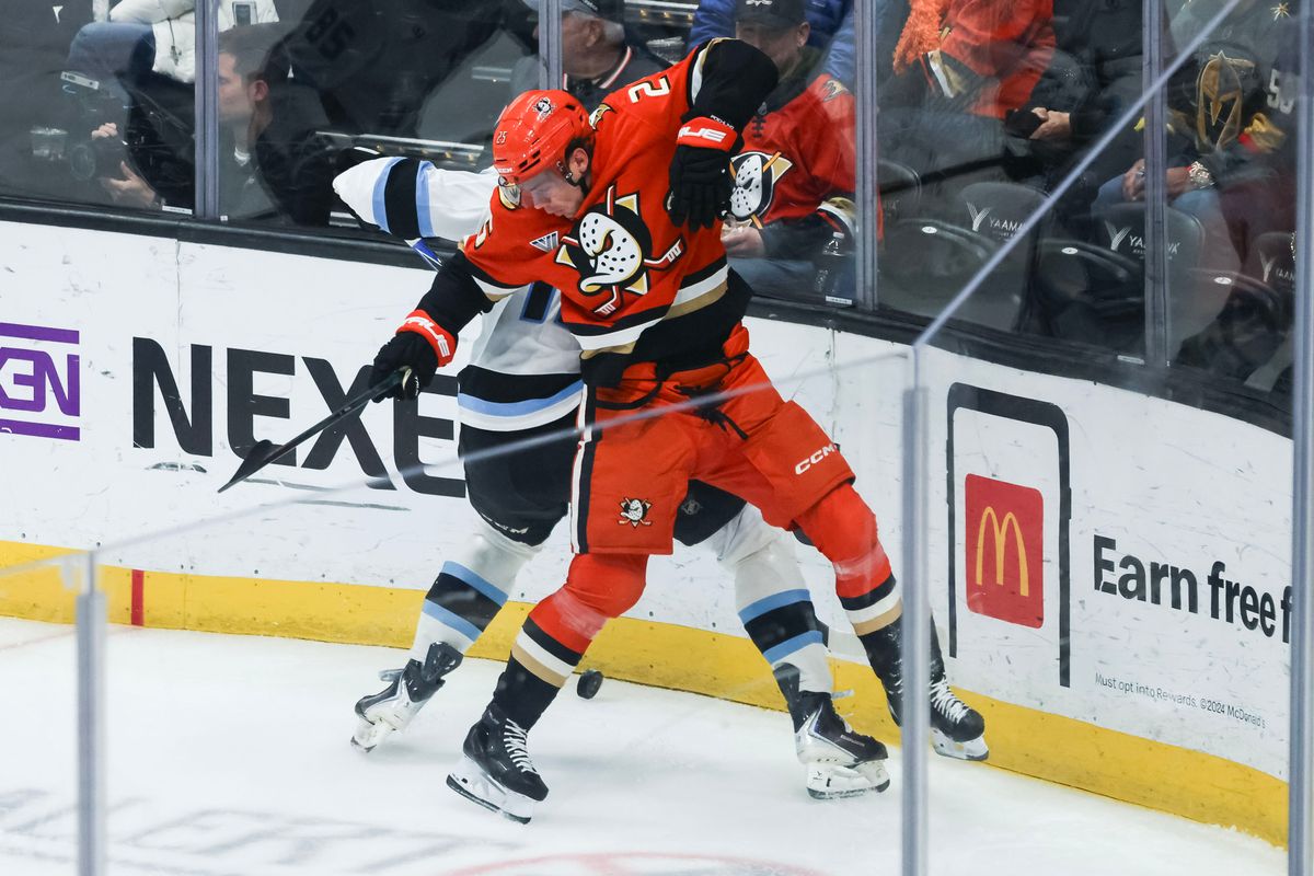 Anaheim Ducks center Ryan Poehling (25) competes for the puck during the NHL game against the Utah Mammoth, Wednesday December 3rd, 2025 at the Honda Center in Anaheim, Calif.