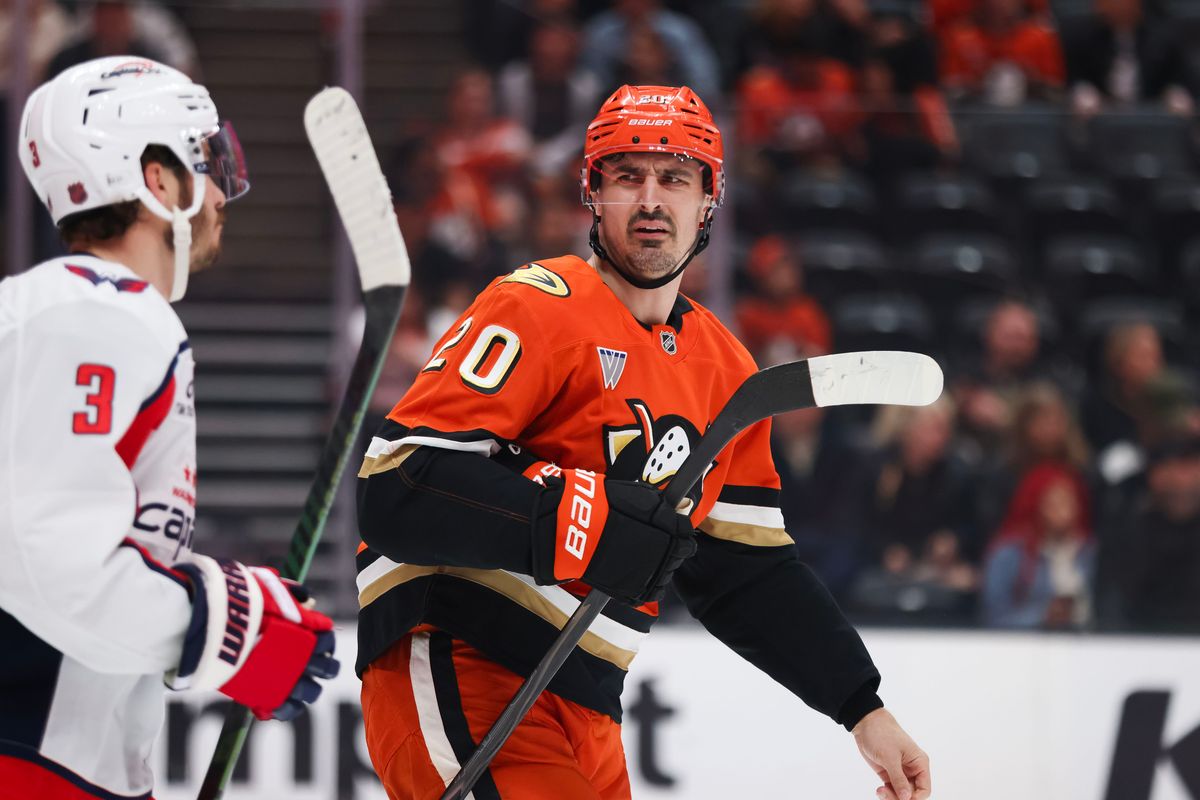 Anaheim Ducks left wing Chris Kreider (20) looks off during the NHL game against the Washington Capitals, Friday December 5th, 2025 at the Honda Center in Anaheim, Calif.