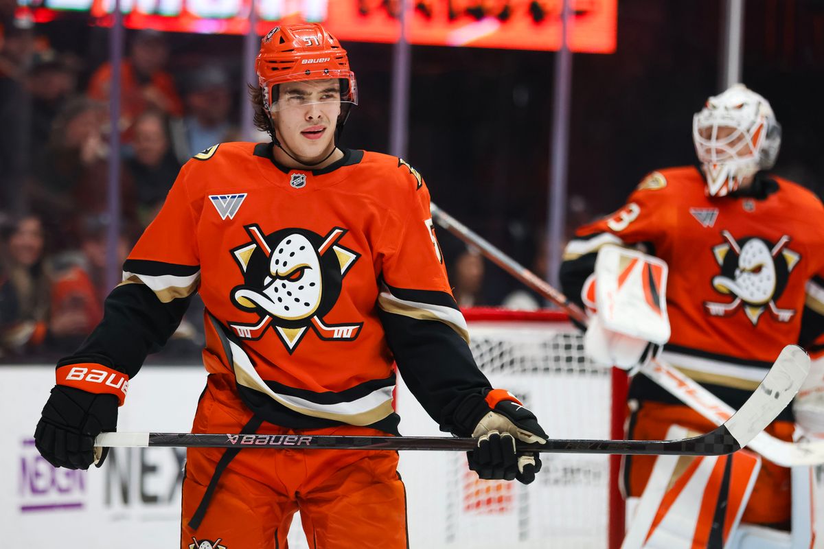 Anaheim Ducks defenseman Olen Zelleweger (51) reacts during the NHL game against the Washington Capitals, Friday December 5th, 2025 at the Honda Center in Anaheim, Calif.