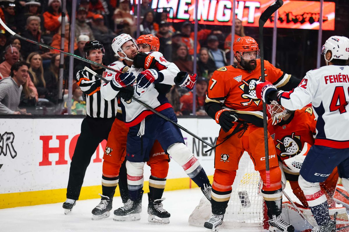 Anaheim Ducks break into a fight against the Washington Capitals during the NHL game, Friday December 5th, 2025 at the Honda Center in Anaheim, Calif.