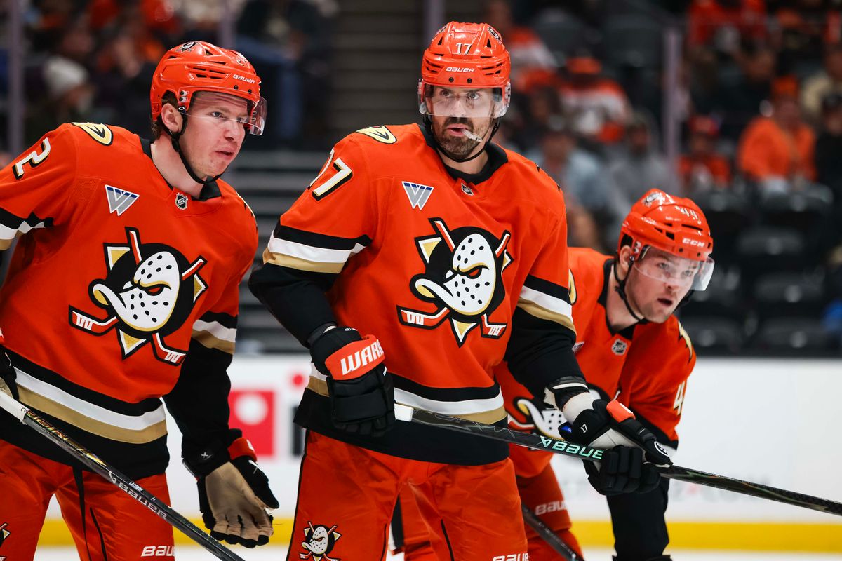 Anaheim Ducks left wing Alex Killorn (17) talks with his teammate Jackson LaCombe (2) during the NHL game against the Washington Capitals, Friday December 5th, 2025 at the Honda Center in Anaheim, Calif.