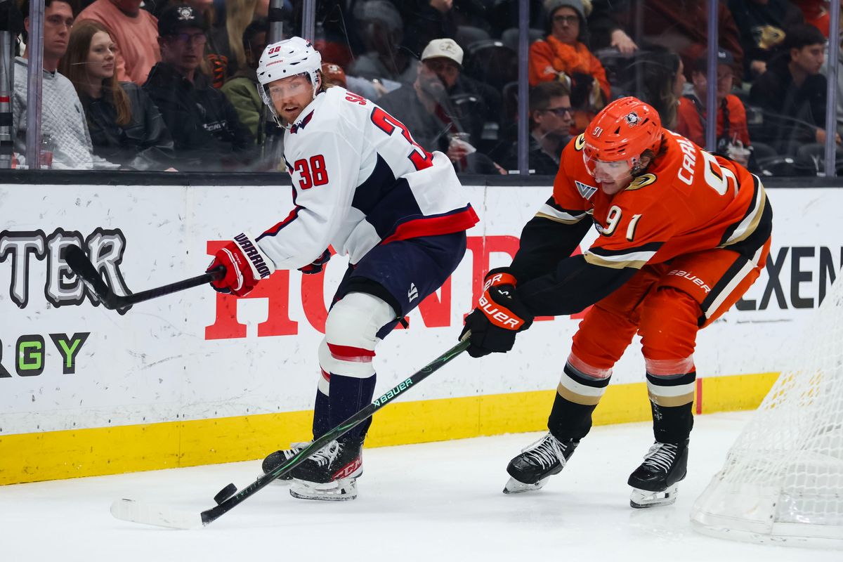 Anaheim Ducks center Leo Carlsson (91) battles for the puck during the NHL game against the Washington Capitals, Friday December 5th, 2025 at the Honda Center in Anaheim, Calif.