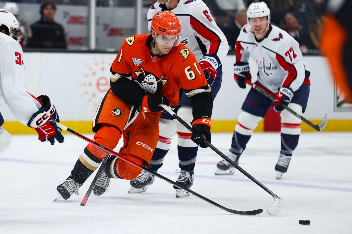 Anaheim Ducks left wing Cutter Gauthier (61) with the puck during the NHL game against the Washington Capitals, Friday December 5th, 2025 at the Honda Center in Anaheim, Calif.
