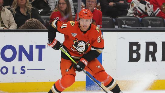 #64 C Mikael Granlund of the Anaheim Ducks skates with the puck during an NHL game against the Chicago Blackhawks on December 7, 2025 in Anaheim, CA.