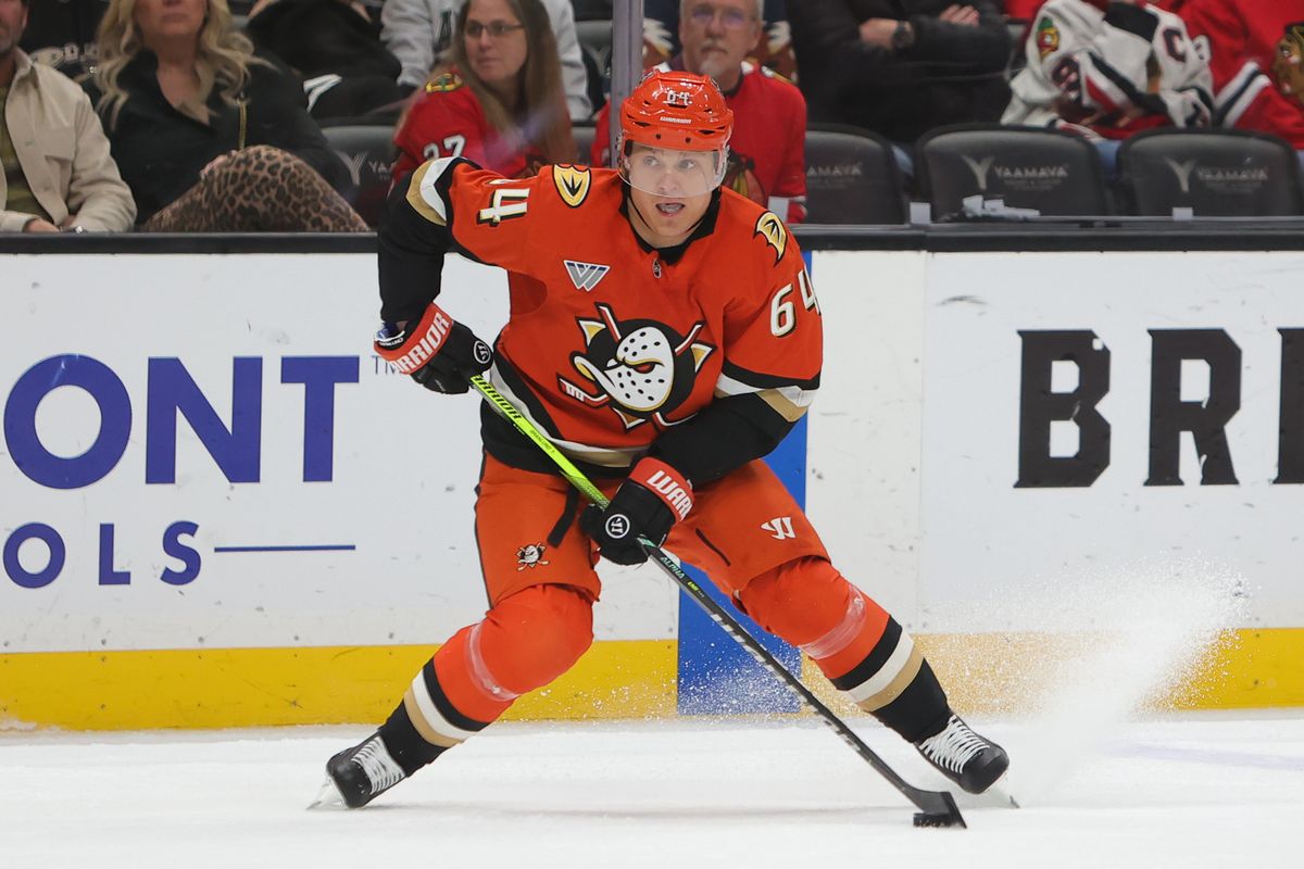 #64 C Mikael Granlund of the Anaheim Ducks skates with the puck during an NHL game against the Chicago Blackhawks on December 7, 2025 in Anaheim, CA. #64 C Mikael Granlund of the Anaheim Ducks skates with the puck during an NHL game against the Chicago Blackhawks on December 7, 2025 in Anaheim, CA.