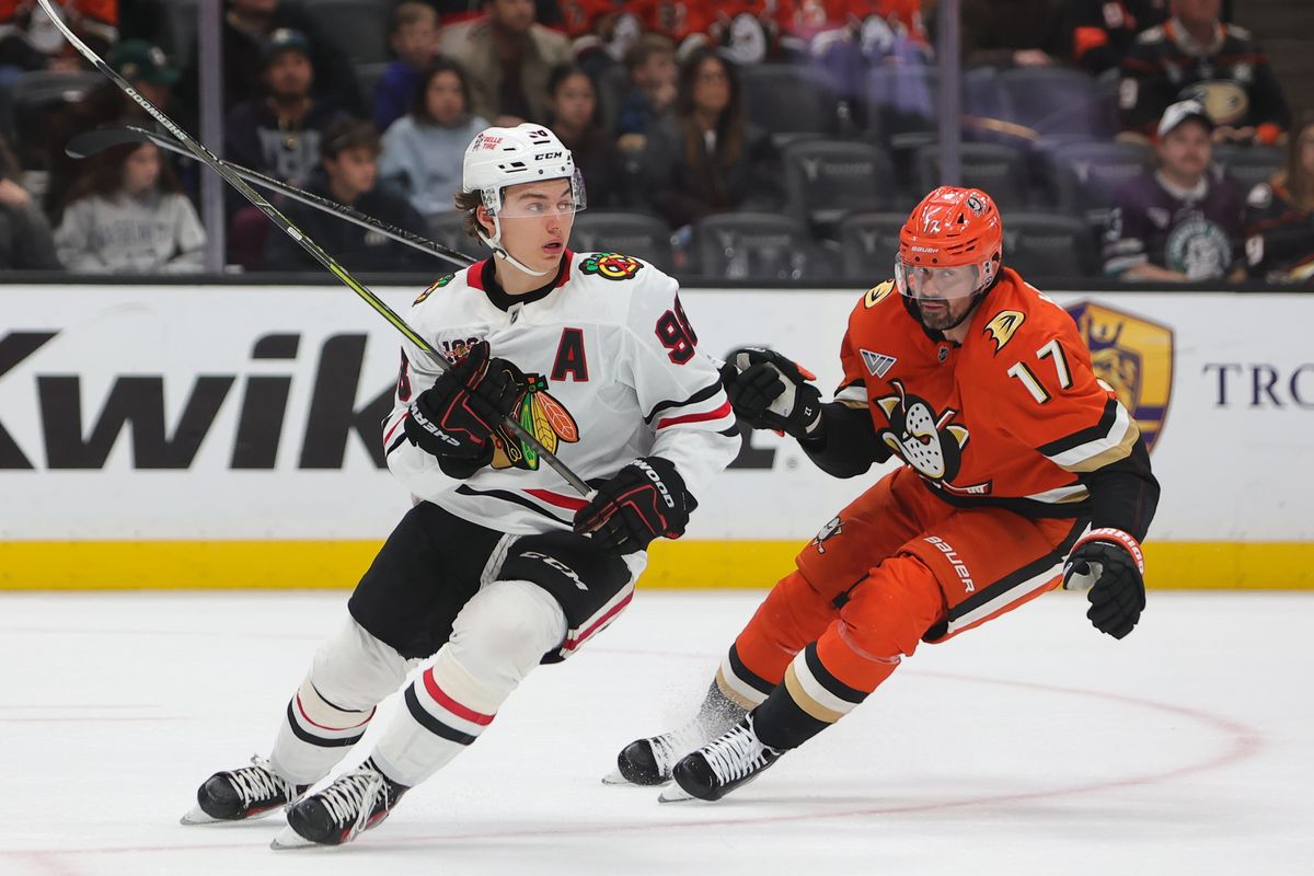 #98 C Connor Bedard of the Chicago Blackhawks and #17 LW Alex Killorn of the Anaheim Ducks in action during an NHL game on December 7, 2025 in Anaheim, CA. #98 C Connor Bedard of the Chicago Blackhawks and #17 LW Alex Killorn of the Anaheim Ducks in action during an NHL game on December 7, 2025 in Anaheim, CA.