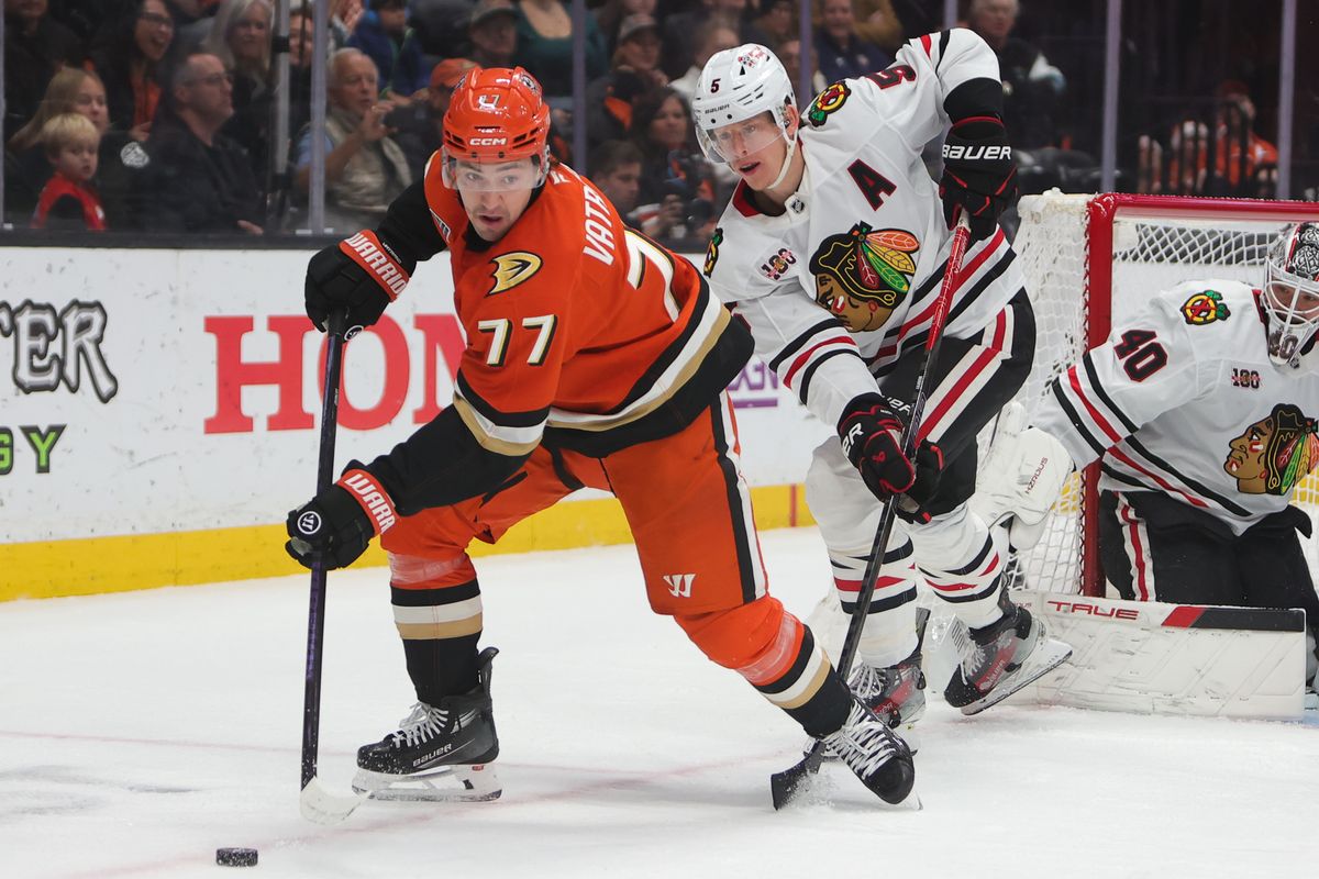 #77 RW Frank Vatrano of the Anaheim Ducks skates with the puck during an NHL game against the Chicago Blackhawks on December 7, 2025 in Anaheim, CA. #77 RW Frank Vatrano of the Anaheim Ducks skates with the puck during an NHL game against the Chicago Blackhawks on December 7, 2025 in Anaheim, CA.