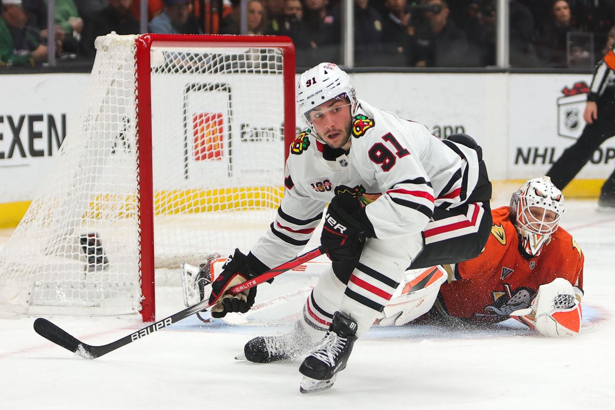 #91 C Frank Nazar of the Chicago Blackhawks chases after the puck during an NHL game against the Anaheim Ducks on December 7, 2025 in Anaheim, CA. #91 C Frank Nazar of the Chicago Blackhawks chases after the puck during an NHL game against the Anaheim Ducks on December 7, 2025 in Anaheim, CA.