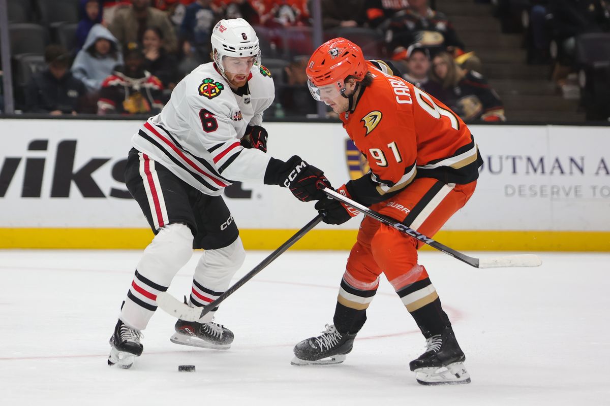 #91 C Leo Carlsson of the Anaheim Ducks battles for the puck during an NHL game against the Chicago Blackhawks on December 7, 2025 in Anaheim, CA. #91 C Leo Carlsson of the Anaheim Ducks battles for the puck during an NHL game against the Chicago Blackhawks on December 7, 2025 in Anaheim, CA.
