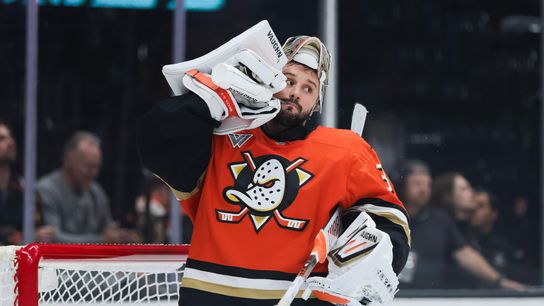 Anaheim Ducks goalie Petr Mrazek (34) drinks water during the NHL game against the Dallas Stars, Friday December 19th, 2025 at Honda Center in Anaheim, Calif.