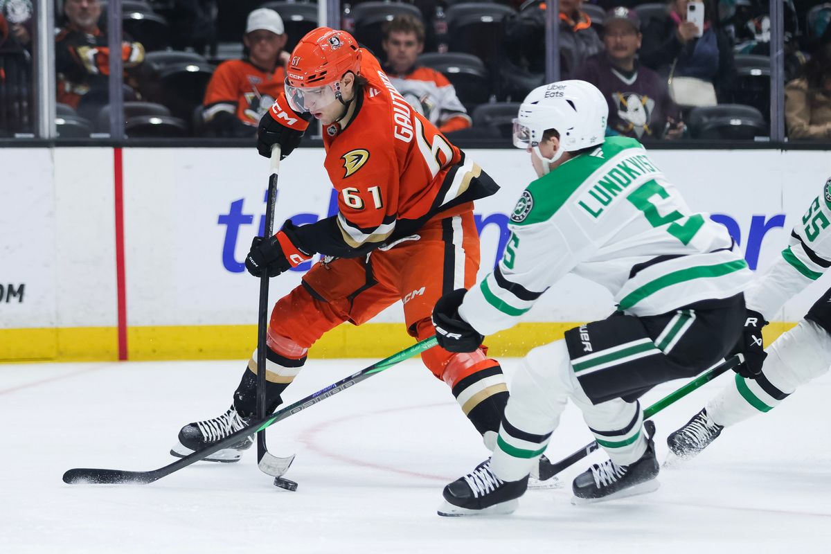 Anaheim Ducks left wing Cutter Gauthier (61) battles for the puck during the NHL game against the Dallas Stars, Friday December 19th, 2025 at Honda Center in Anaheim, Calif.
