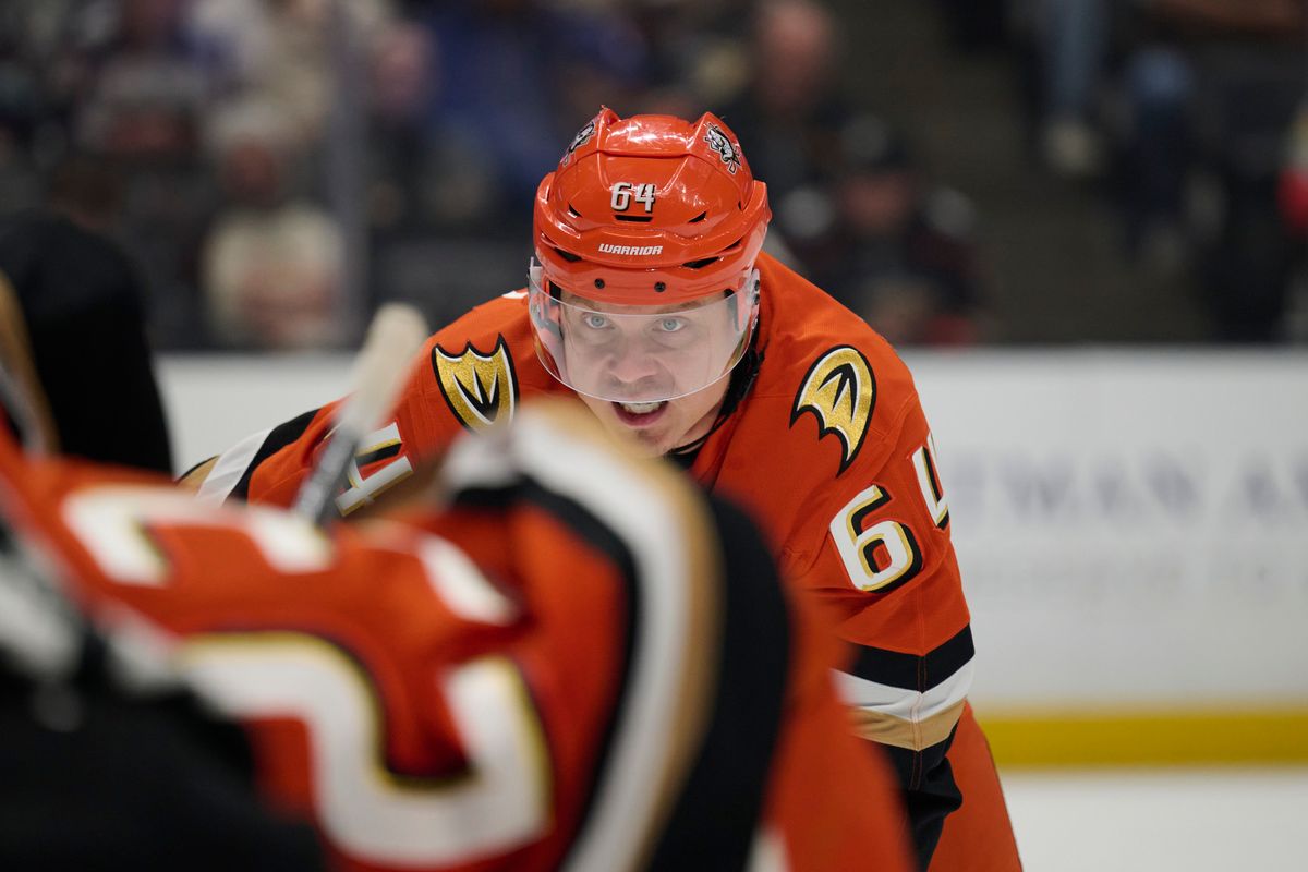Mikael Granlund #64 of the Anaheim Ducks looks for the drop against the Blue Jackets at the Honda Center on December 20,2025 in Anaheim, California.