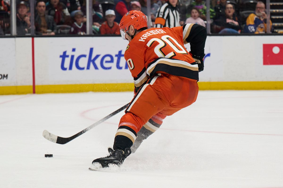 Chris Kreider #20 of the Anaheim Ducks shoots a goal attempt against the Blue Jackets at the Honda Center on December 20,2025 in Anaheim, California.