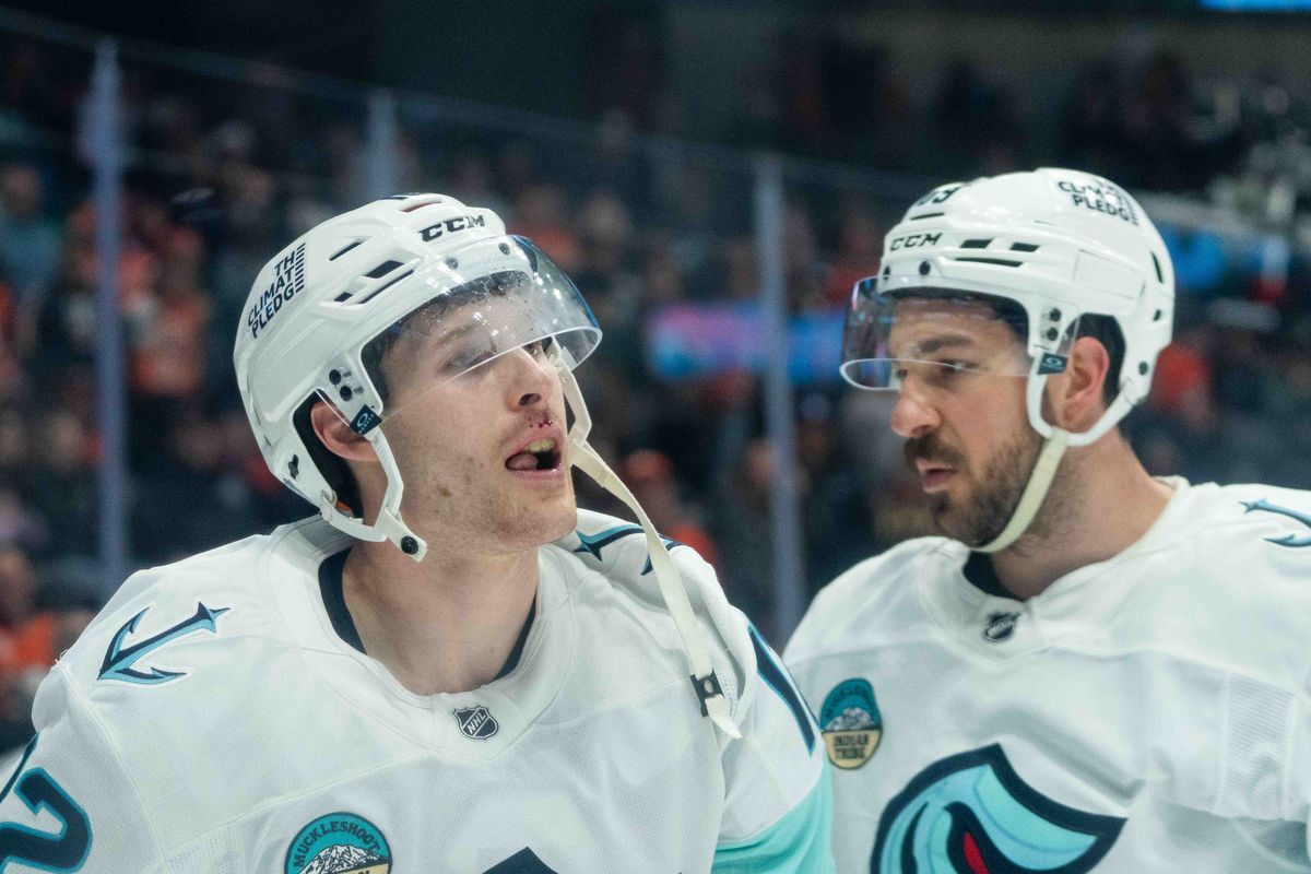 Seattle Kraken left wing Tye Kartye (12) skates away after struggling with their opponent during an NHL hockey game against the Seattle Kraken, Monday, December 22nd, 2025 in Anaheim, California