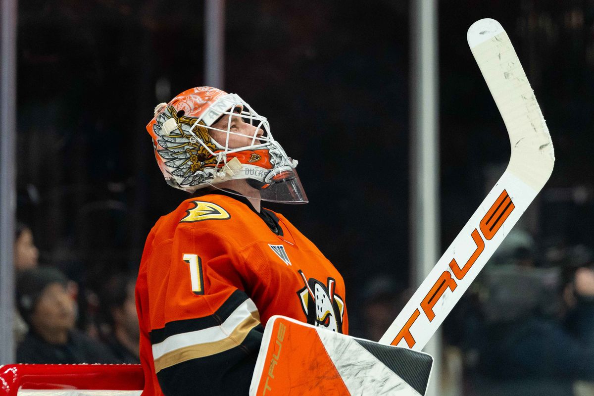Anaheim Ducks goalie, Lukas Dostal (1), looking off after being scored on during an NHL hockey game against the Seattle Kraken, Monday, December 22nd, 2025 in Anaheim, California