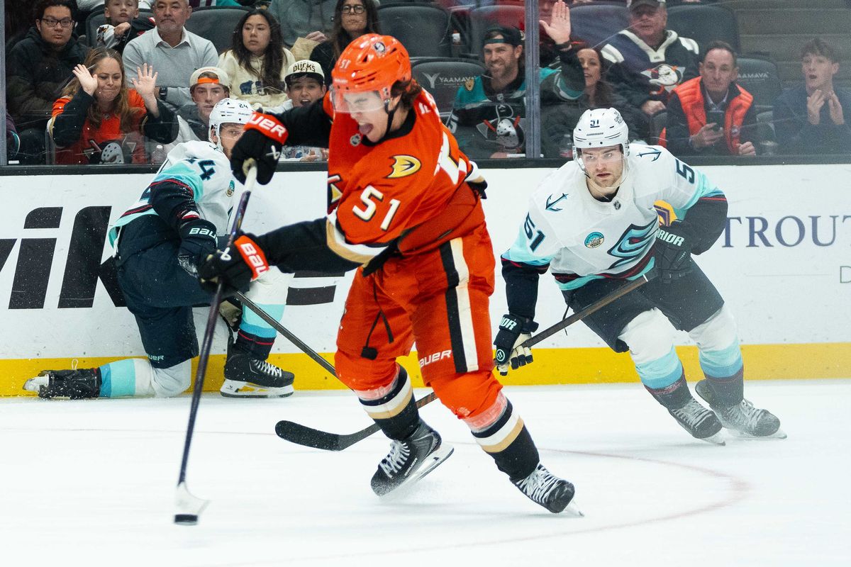 Anaheim Ducks defender, Olen Zellweger (51), taking an attempt at the goal during an NHL hockey game against the Seattle Kraken, Monday, December 22nd, 2025 in Anaheim, California