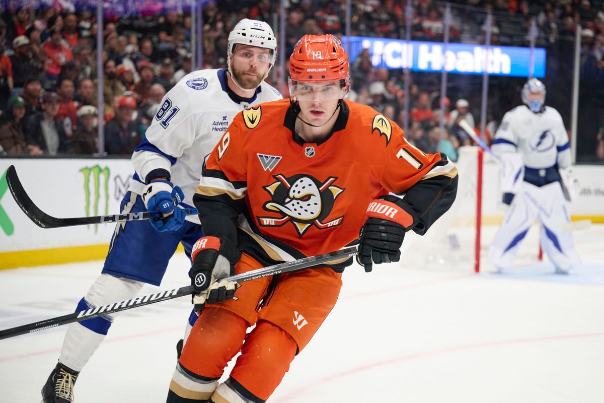 Anaheim Ducks right wing Troy Terry (19) fights for the puck  against the lightning at the Honda Center on December 31,2025 in Anaheim, California.