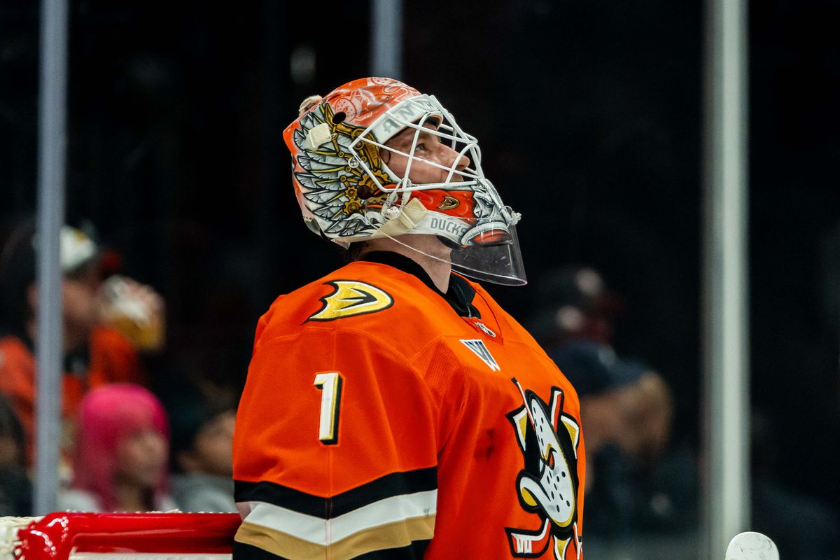 Anaheim Ducks goalie Lukas Dostal (1) discontent after being scored on during an NHL hockey game against the Minnesota Wild, Friday, January 2nd, 2026 in Anaheim, California