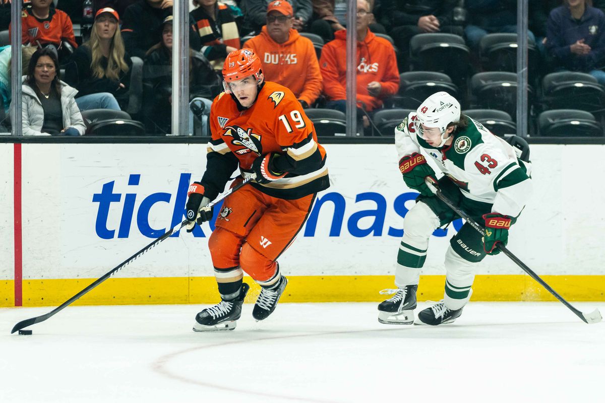 Anaheim Ducks right wing Troy Terry (19) takes control of the puck during an NHL hockey game against the Minnesota Wild, Friday, January 2nd, 2026 in Anaheim, California