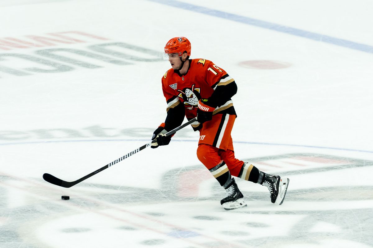 Anaheim Ducks right wing Troy Terry (19) advancing the puck during an NHL hockey game against the Minnesota Wild, Friday, January 2nd, 2026 in Anaheim, California