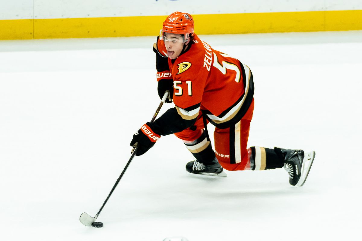 Anaheim Ducks defender Olen Zellweger (51) advances the puck during an NHL hockey game against the Minnesota Wild, Friday, January 2nd, 2026 in Anaheim, California