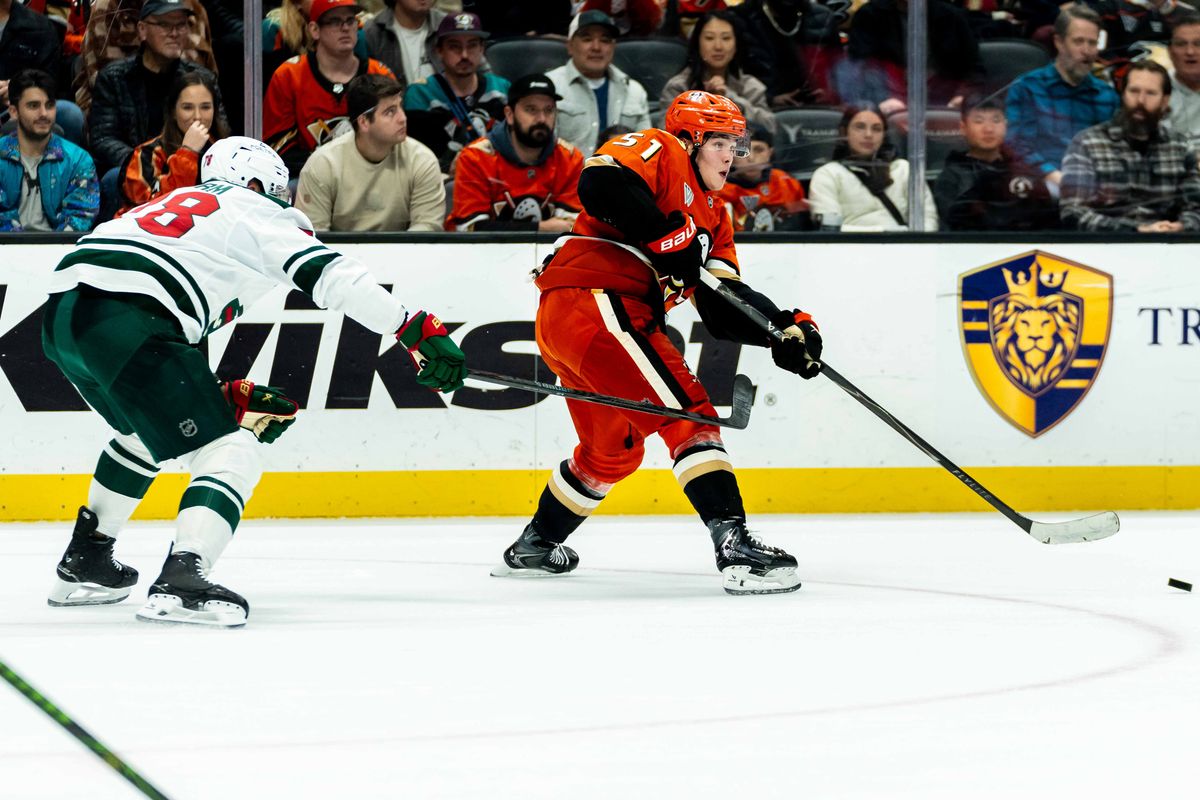 Anaheim Ducks defender Olen Zellweger (51) passing the puck during an NHL hockey game against the Minnesota Wild, Friday, January 2nd, 2026 in Anaheim, California