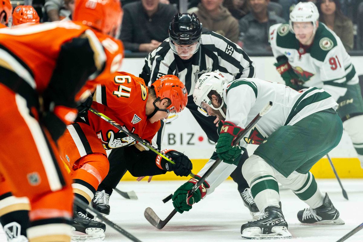 Anaheim Ducks center wing Mikael Granlund  (64) faces off against their opponent during an NHL hockey game against the Minnesota Wild, Friday, January 2nd, 2026 in Anaheim, California